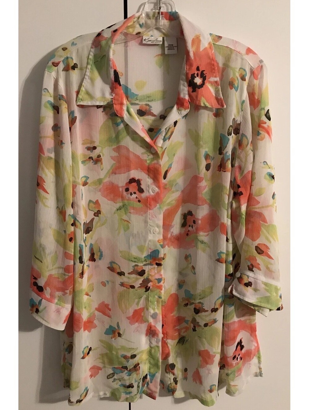 Kim Rogers Woman Size 22W Floral Lightweight White Button Down Blouse! M192